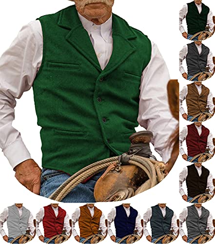 BYLUNTA Chalecos de tweed para hombre de la caza de la edad Chalecos de espiga de espiga de la boda retro casual de lana de negocios, Ejercito Verde, L