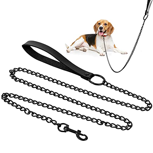 Cadena Perro Metal, Correas Perro Cadena, Correa para Perros Servicio Pesado, Correa para Perro con Puño de Cuero, Bite Prueba Cadena De Metal Collar para Perros pequeños y medianos 120 cm