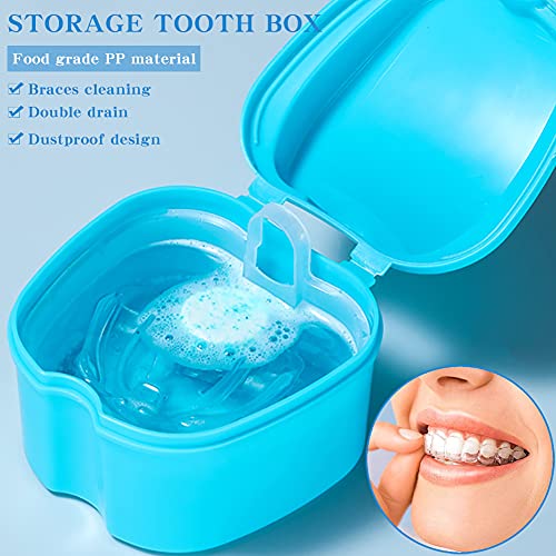 Caja de almacenamiento de dentaduras postizas,soporte de dentaduras postizas,juego de dentaduras postizas con caja de limpieza y cepillo,para limpieza de dientes(Cepillo de dientes azul)