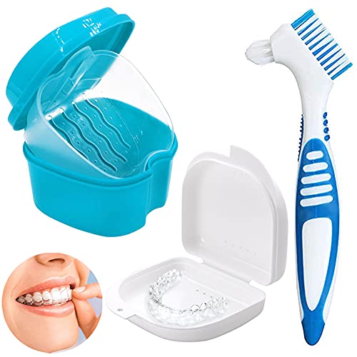Caja de almacenamiento de dentaduras postizas,soporte de dentaduras postizas,juego de dentaduras postizas con caja de limpieza y cepillo,para limpieza de dientes(Cepillo de dientes azul)