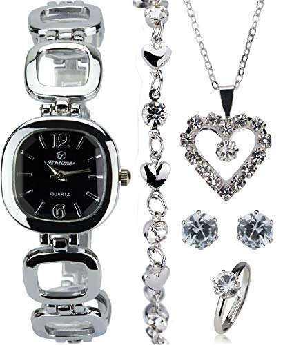 Caja de Regalo Reloj Mujer Negro - Juegos de Joyas- Collar-Anillo- Pendientes - Pulsera