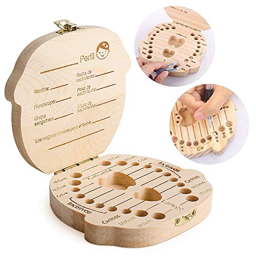 Caja para guardar dientes para niños y niñas, Regalo para niños en madera de souvenir, Acumulación de dientes (Niña)