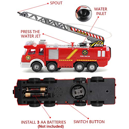 Camión de Bomberos Eléctrico Juguete Coche Vehiculo con Luz, Sonidos, Bomba de Agua y Escalera Extendible para niños 3 4 5