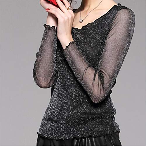 Camisa Ajustada de Corte ceñido Camiseta de Mujer con Cuello en v Manga Larga, Negro, XXXL