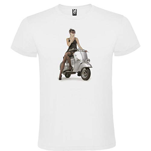 Camiseta Roly Blanca con Moto Vespa Hombre 100% Algodón Tallas S M L XL XXL Mangas Cortas (S)
