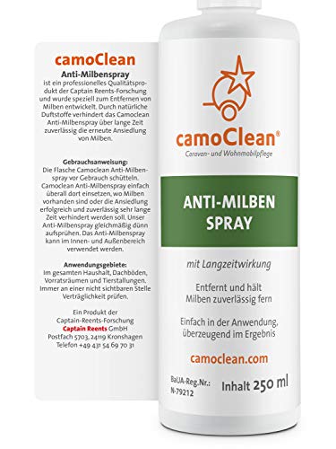 Camo Clean Spray antiácaros para colchones, acolchado, tejidos, & Animales Stallungen | 250 ml Medio contra ácaros con largo tiempo Protección | ácaros funda alternativa
