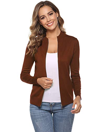 Cárdigan de Punto con Cremallera para Mujer,Chaqueta de Punto Sueter Manga Larga Abrigo Suéter Rebeca Chaqueta de Jerseis.Color Caramelo.S