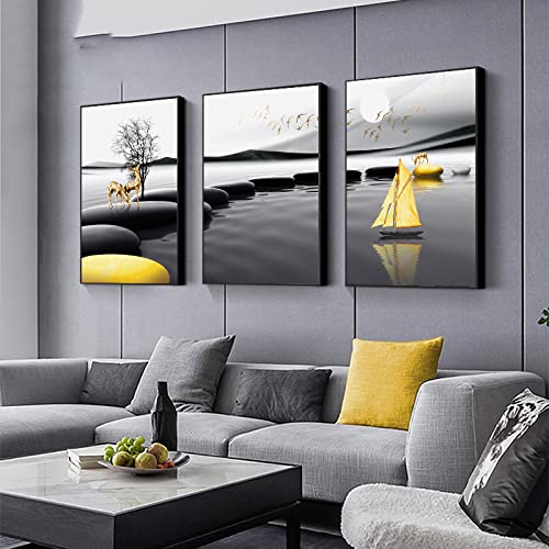 Cartel de paisaje moderno negro amarillo piedra barco ciervo arte de la pared lienzo pintura impresión nórdica cuadros de pared decoración de la sala de estar 60x80cm (24x32in) x3 sin marco