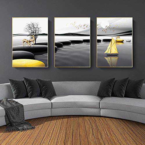 Cartel de paisaje moderno negro amarillo piedra barco ciervo arte de la pared lienzo pintura impresión nórdica cuadros de pared decoración de la sala de estar 60x80cm (24x32in) x3 sin marco