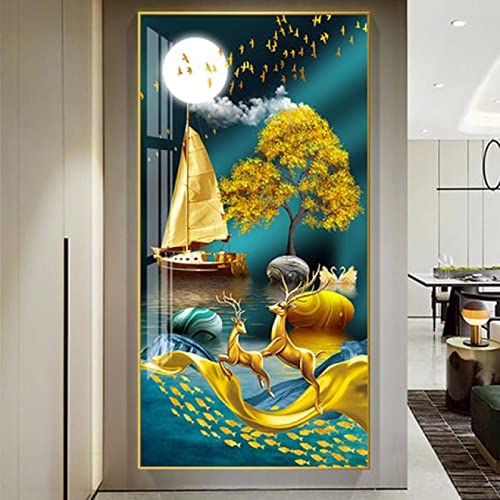Cartel de paisaje moderno negro amarillo piedra barco ciervo lienzo pintura artística impresión nórdica cuadros de pared decoración de la sala de estar 60x120cm (24x47in) sin marco