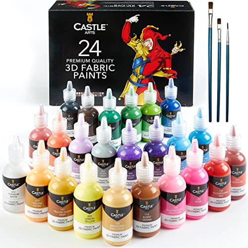 Castle Art Supplies Caja Pinturas Tela 3D | 24 Colores Intensos en Botes 29 ml | Artistas, Artesanos y Aficionados | Ropa, Tejidos, Lienzo, Vidrio, Madera, Calzado | Resistente Caja de Presentación