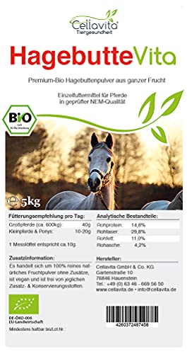 Cellavita Polvo de escaramujo orgánico Vita para caballos, bolsa de almacenamiento de 5 kg, procedente de la UE, fabricado con fruta entera