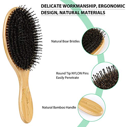 Cepillo de pelo de cerdas de jabalí cepillo pelo antitirones de paleta de bambú natural con peine de cola para cabello largo, grueso, rizado, ondulado, seco o dañado