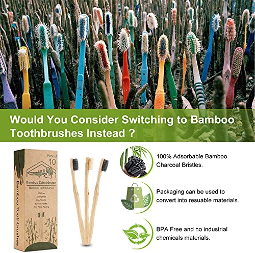 Cepillo Dientes Bambu, Paquete de 10 Cepillos de Dientes,5 cepillo de carbón bambú y 5 cepillo de fibra bambú,100% Libre de BPA,Cepillos de Dientes Naturales y Veganos para Una Mejor Limpieza