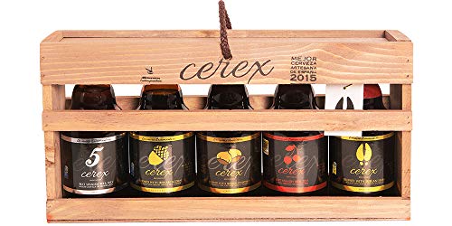 CEREX- Pack Degustación de 5 Cervezas Artesanas Españolas con caja regalo de presentación en madera – Cerveza de Cereza, Castaña, Ibérica de Bellota, Pilsen y Andares