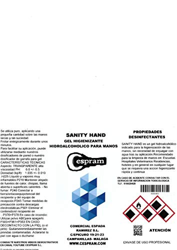 CESPRAM, Gel Hidroalcohólico con spray dosificador 50 ml,con propiedades desinfectantes y virucidas.Con glicerina.Sin aclarado .Sanity Hand,Envase de 1 litro.