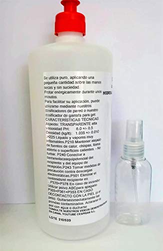 CESPRAM, Gel Hidroalcohólico con spray dosificador 50 ml,con propiedades desinfectantes y virucidas.Con glicerina.Sin aclarado .Sanity Hand,Envase de 1 litro.
