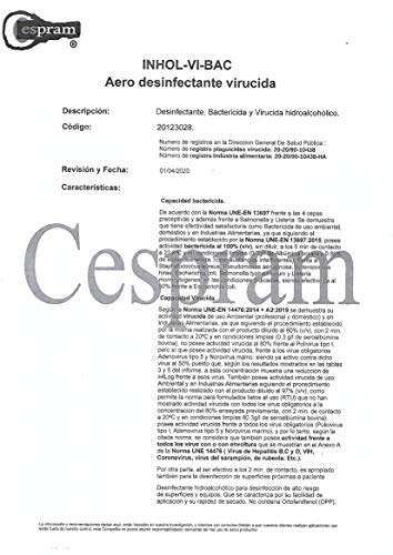 CESPRAM, Spray Desinfectante hidroalcohólico con registro sanitario.Bactericida Virucida INHOL VI-BAC.Envase de 1 L.