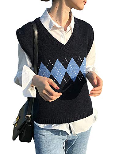 Chaleco de punto de las mujeres de moda, suéter suelto sin mangas con cuello en V con patrones rombo para el invierno y el otoño, Negro, XL