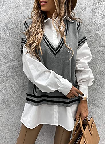 Chaleco de punto grueso para mujer, sin mangas, cuello en V, suéter de argyle, de gran tamaño, para otoño e invierno (color: gris, tamaño: XL)