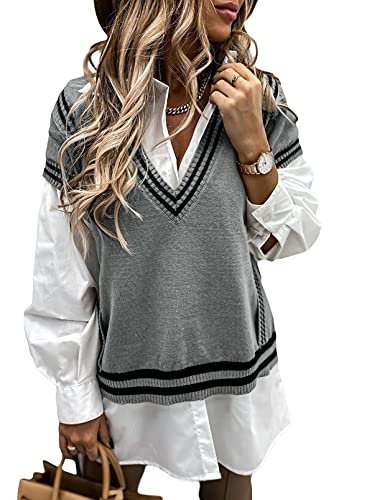 Chaleco de punto grueso para mujer, sin mangas, cuello en V, suéter de argyle, de gran tamaño, para otoño e invierno (color: gris, tamaño: XL)