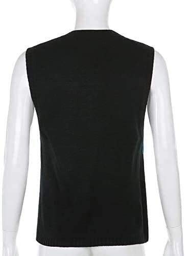 Chaleco de punto para mujer, chaleco de punto a cuadros, con cuello en V, sin mangas, jersey de punto, para mujer (color: Sib-negro, talla: M)