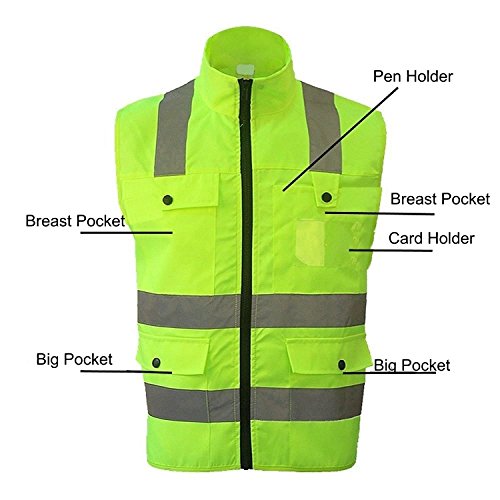 Chaleco reflectante profesional de seguridad, con neon amarillo, tiras reflectantes, cuatro bolsillos grandes con cremallera