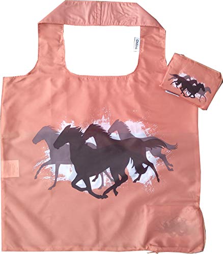 Chilino Bolsa de la compra plegable, grande y estable, de poliéster, respetuosa con el medio ambiente, diseño de caballos, color castaño, 47 x 41 cm