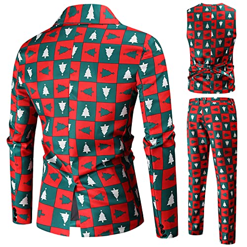 Christmas Traje Suit Hombre 3 Piezas Chaqueta Chaleco - Chaqueta + Chaleco + Pantalón,Chaqueta Navideña Roja con Estampado de árbol de Navidad