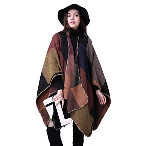 chuangminghangqi Poncho de invierno para mujer Chica, chal, capa vintage, Plaid Cardigan chaqueta, Caqui., Talla única