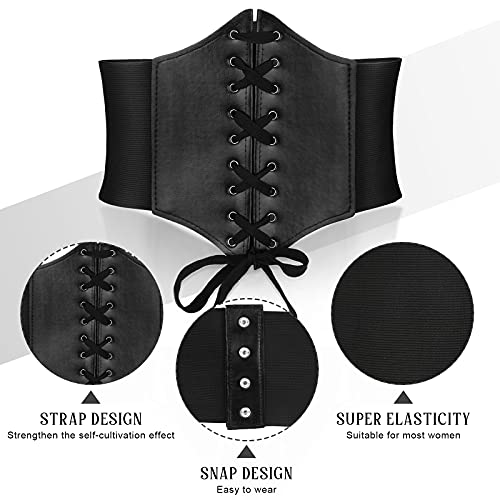 Cinturón Ancho de Corsé Encaje Negro Elástico de Piel Falsa PU para Halloween