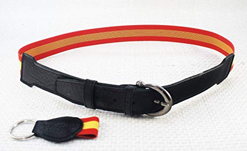 Cinturón caballero bandera España, con regalo de llavero a juego, en cuero legítimo y lona elástica. Cinturón bandera española en piel y elástico.