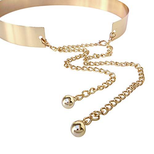 Cinturón de cintura de metal para mujer Espejo ancho Oro Dorado Plata Plateado Cadena llena Cadenas de pretina (2cm, Dorado)