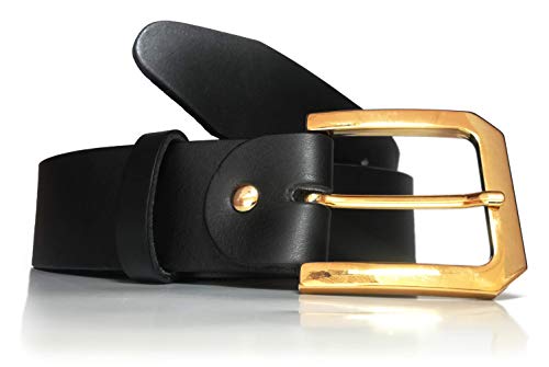 Cinturón de mujer en piel legítima - Hebilla oro - Cuero vaquetilla - 4 cm de ancho - Vestidos, vaqueros, jeans, vestir, tejanos - hebilla dorada. (Negro, 115)