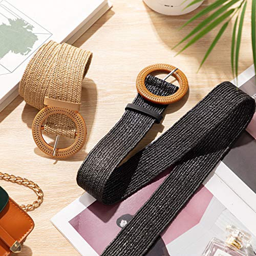Cinturón elástico trenzado de paja con hebilla de estilo madera para mujer, 2 unidades - Multi color - M