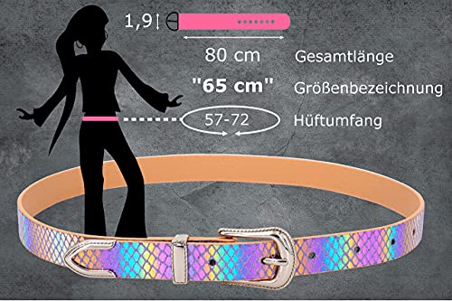 Cinturón infantil "baile de elfos" para niñas (niños de guardería y primaria, aprox. 5 – 9 años), cinturón de 65 cm, multicolor iridiscente, con elegantes aplicaciones de metal
