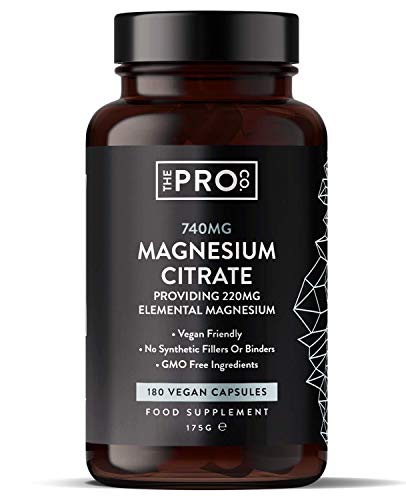 Citrato de magnesio 740 mg por cápsula - Aprobado por PETA - 180 cápsulas veganas de magnesio - Suplementos de magnesio de alta absorción - Alta resistencia - Suministro para 180 días - The Pro Co.