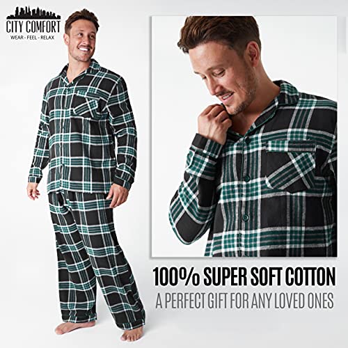 CityComfort Pijama Hombre Cuadros, Pijama Hombre Invierno Franela, Pijamas Hombre Estampado Escoces, Ropa Hombre 100% Algodon, Regalos para Hombre Talla M-3XL (Negro/Verde, XL)