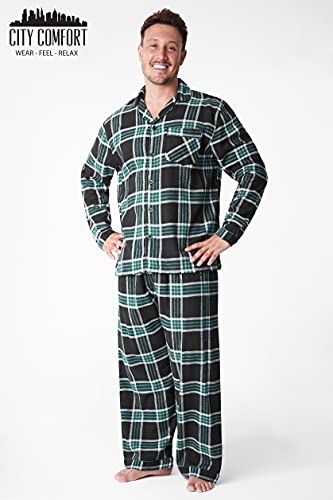 CityComfort Pijama Hombre Cuadros, Pijama Hombre Invierno Franela, Pijamas Hombre Estampado Escoces, Ropa Hombre 100% Algodon, Regalos para Hombre Talla M-3XL (Negro/Verde, XL)