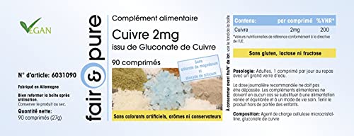Cobre 2mg - Gluconato de Cobre vegano - Buena disponibilidad biológica - Alta pureza - 90 Comprimidos