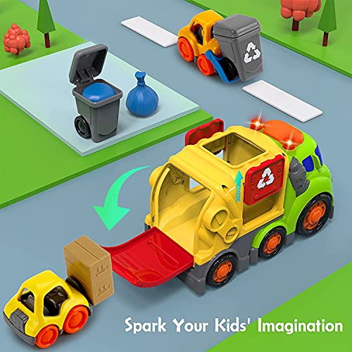 Coches de juguete para niños y niñas de 1, 2, 3 y 4 años, con 2 cubos de basura, carretilla elevadora pequeña bulldozer, camión de basura con sonido y luz, vehículos de juguete para niños