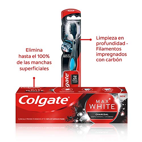 Colgate Kit Blanqueante al Carbón con Pasta de Dientes Blanqueante Max White Carbón (Pack 3 Uds x 75ml) y Cepillo Blanqueador Max White 360