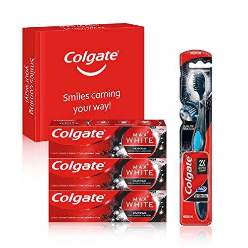 Colgate Kit Blanqueante al Carbón con Pasta de Dientes Blanqueante Max White Carbón (Pack 3 Uds x 75ml) y Cepillo Blanqueador Max White 360