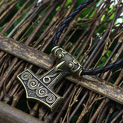 Collar con colgante de Skane vikingo de bronce antiguo, cadena de cuero escandinavo Odin lobo Thor`s Hammer collar cuervo Mjolnir señoras hombres nórdicos celta nórdica Talismán nudo sajón