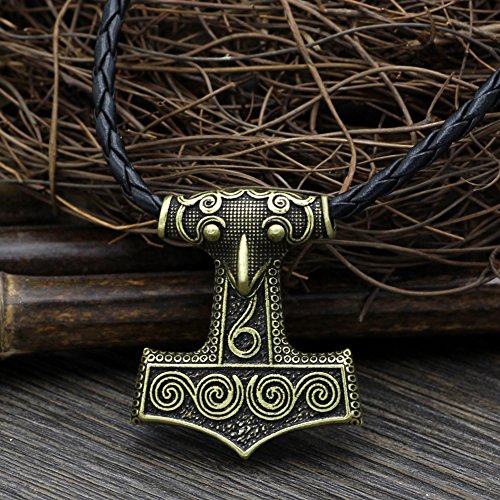 Collar con colgante de Skane vikingo de bronce antiguo, cadena de cuero escandinavo Odin lobo Thor`s Hammer collar cuervo Mjolnir señoras hombres nórdicos celta nórdica Talismán nudo sajón