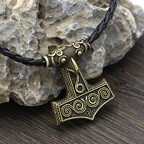 Collar con colgante de Skane vikingo de bronce antiguo, cadena de cuero escandinavo Odin lobo Thor`s Hammer collar cuervo Mjolnir señoras hombres nórdicos celta nórdica Talismán nudo sajón