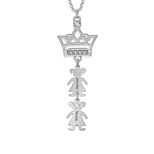 Collar familiar personalizado con nombre grabado y collar con piedra de nacimiento, colgante con corona y niños para mujer(Plata 16)