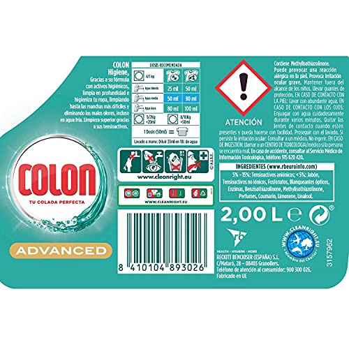 Colon Higiene - Detergente para Lavadora con Activos Higiénicos y Elimina Olores, Adecuado para Ropa Blanca y de Color, Formato Gel, 40 Dosis