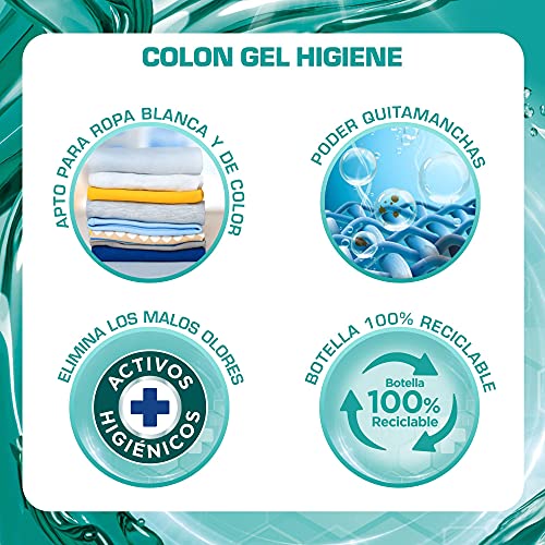 Colon Higiene - Detergente para Lavadora con Activos Higiénicos y Elimina Olores, Adecuado para Ropa Blanca y de Color, Formato Gel, 40 Dosis
