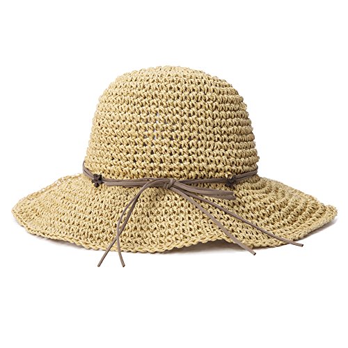 Comhats Sombrero de Verano de Paja con sombrilla para Mujer Sombrero de Sol Suelto de Playa de ala Ancha Beige M